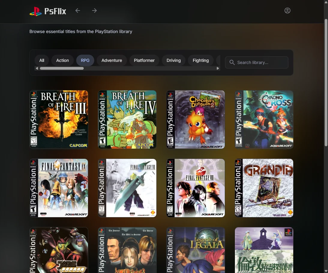 PSflix browse view: a grid of PS1 cover art with a genre chip filter row and a search box