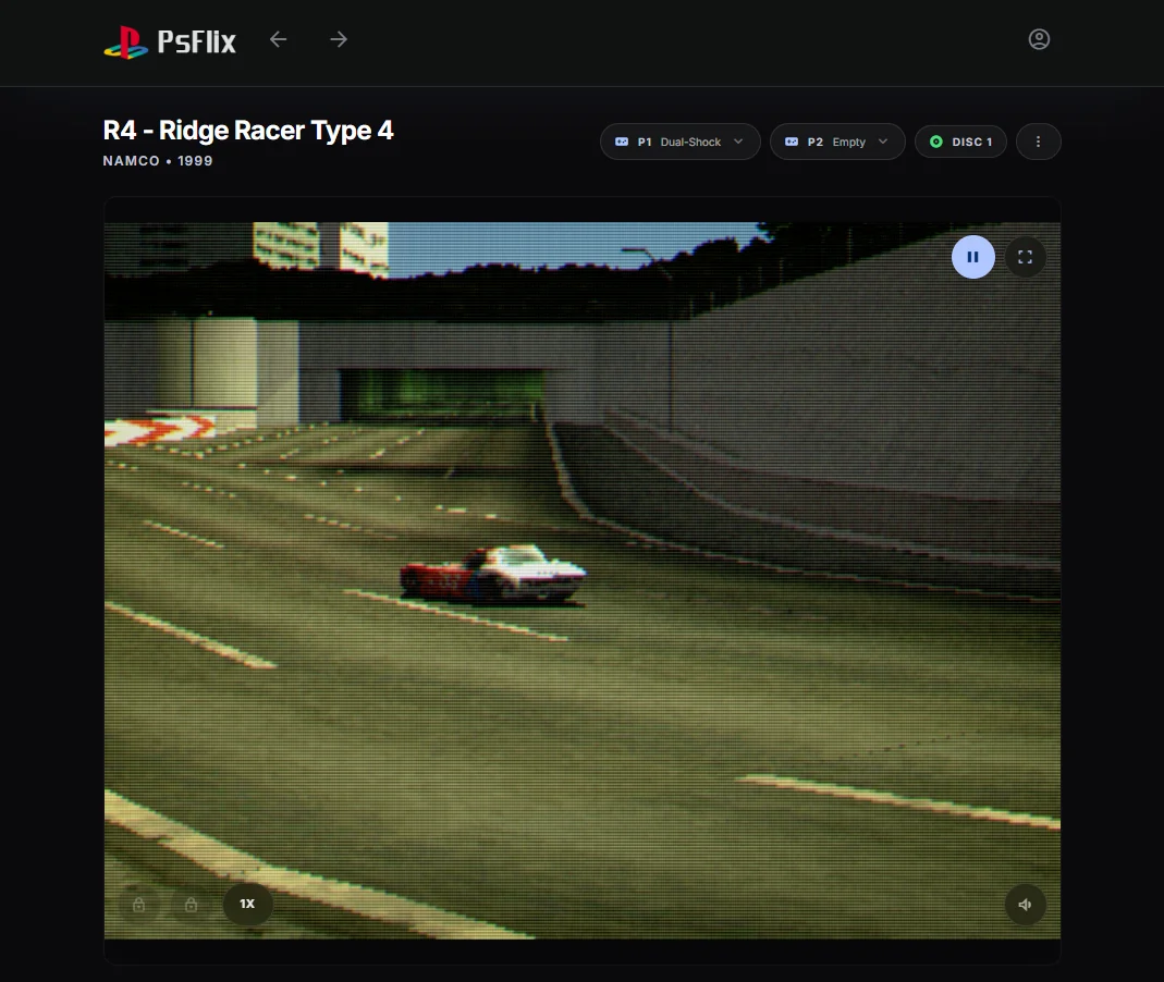 PSflix console view: R4 - Ridge Racer Type 4 running with the CRT filter, with disc and controller controls above the screen