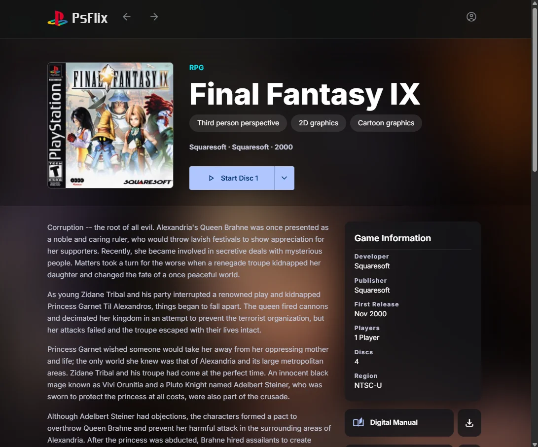 PSflix detail page for Final Fantasy IX: cover art, genre tags, description, game information panel, and a Start Disc 1 button